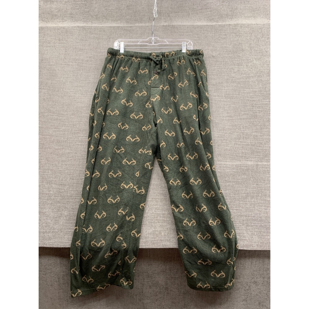 Realtree Fleece Sleep Pants Men's XL Green Deer Antler Print Straight Leg Preppy